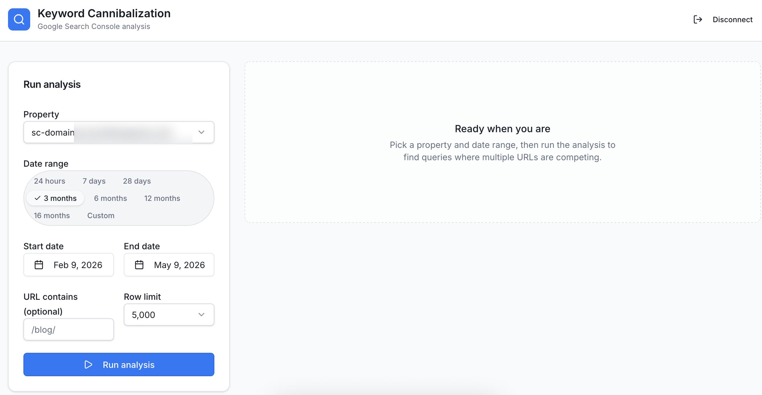 Cannibalisation scanner - property selection and date range picker