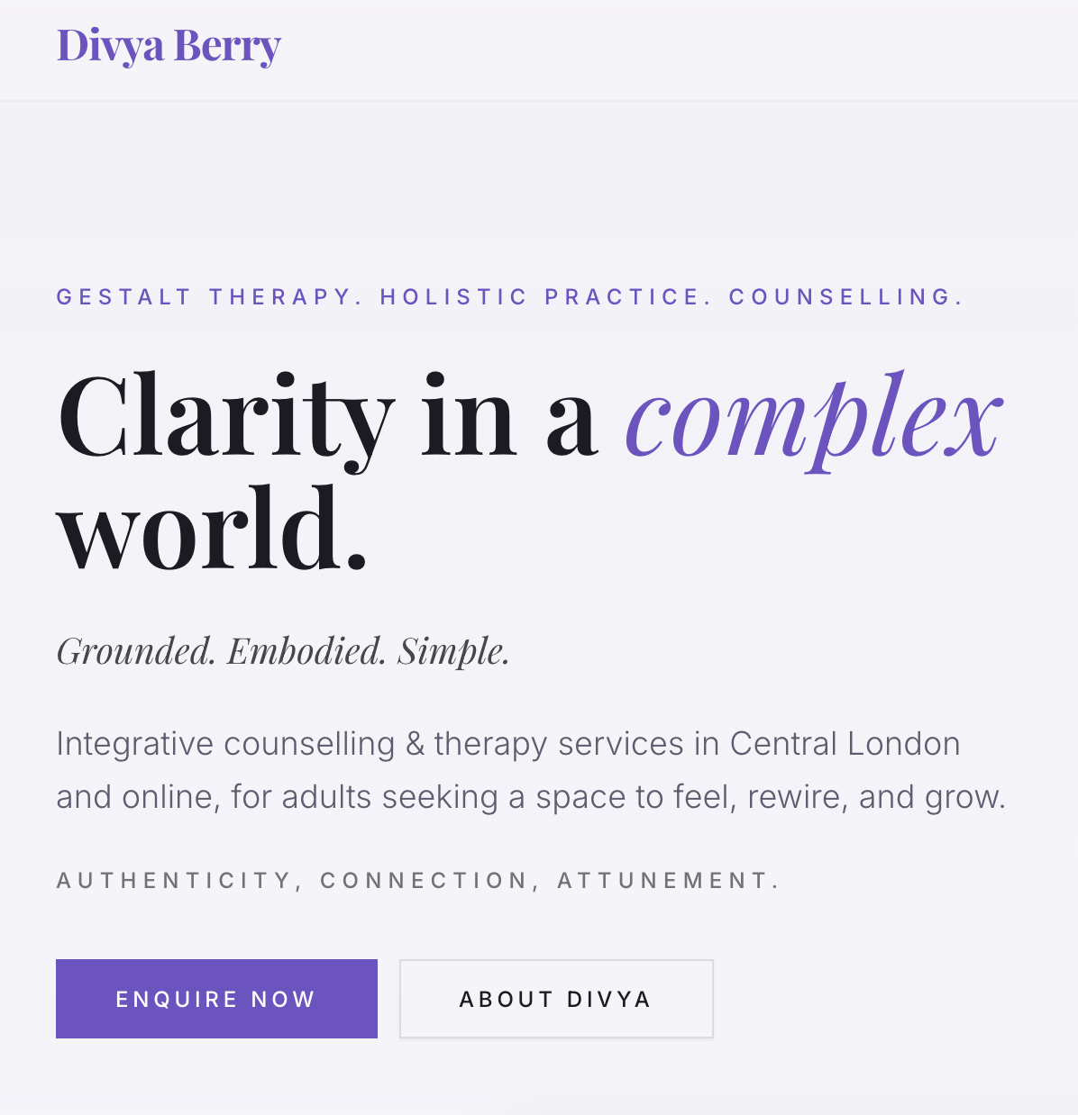 Divya Berry therapy site homepage showing the hero and credentials section