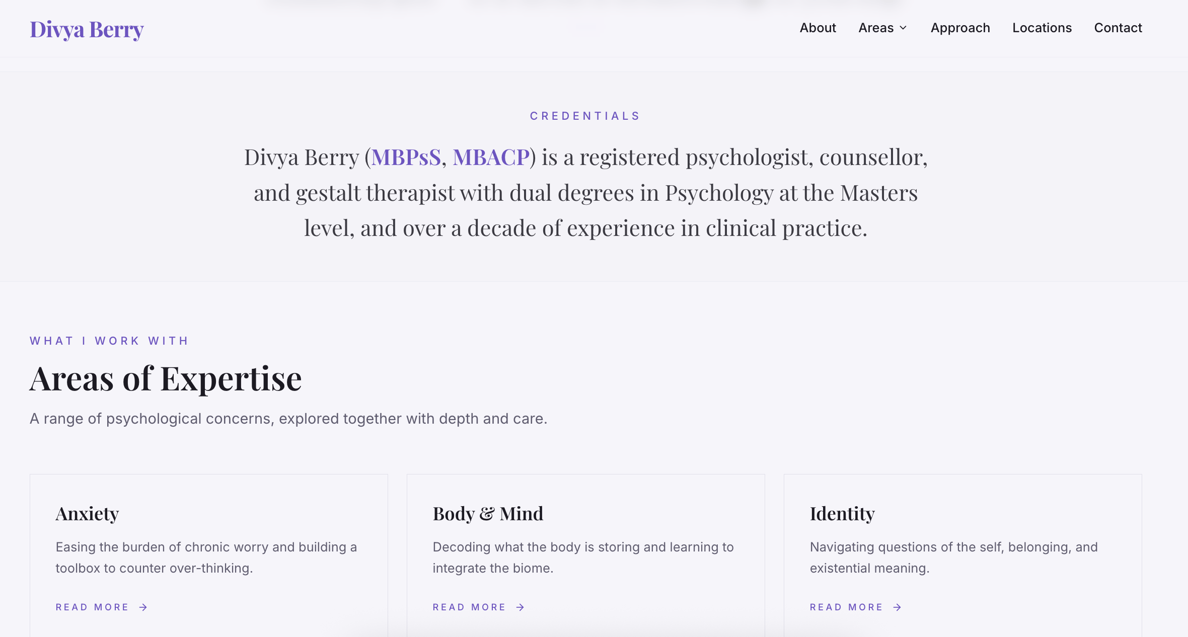 Divya Berry therapy site areas of expertise section